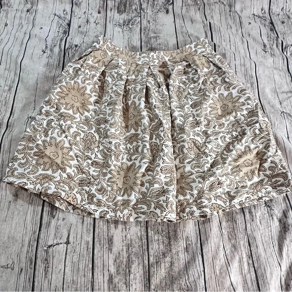 Talbots Cream and Brown Floral A-Line Cotton Skirt Size 8